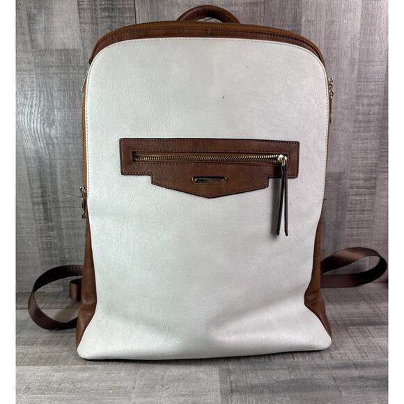 CLUCI leather BACKPACK BROWN AND WHITE ZIP UP BOOK BAG Carry All - Picture 1 of 8